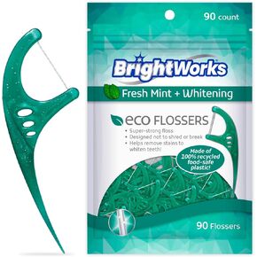 Brightworks ECO Sustainable Floss Picks - 270 Count - Made in USA100% Post-Consumer Recycled Plastic, Super Strong Mint-Flavored Floss with Micro-Crystals