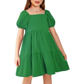 Arshiner Girls Dresses Short Sleeve Ruffle Chiffon Swing Flowy Dress with Square Neck