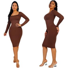 Shapewear Dress with Built in Removable Padding,Square Neck Long Sleeve Dresses for Women