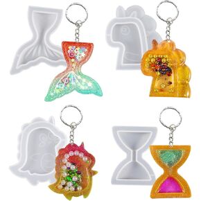 4Pcs Quicksand Keychain Mold Unicorn Dinosaur Shaker Epoxy Resin Molds Fish Tail Hourglass Animal Pendant Silicone Casting Mould for DIY Crystal Jewelry Hairpin Crafts Decor (Type A)