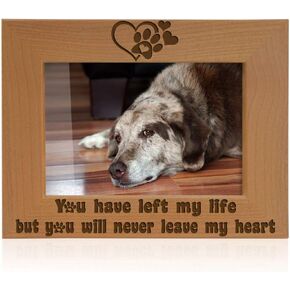 KATE POSH You have left my life, but You will never leave my heart Natural Wood Engraved Picture Frame, Paw prints on my Heart Memorial Gifts for Cat or Dog, Pet Sympathy Memory Gift (4x6 Horizontal)