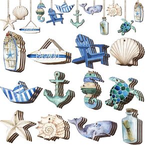 Maitys 36 Pcs Ocean Wooden Ornaments Beach Tree Decorations Coastal Nautical Navigation Wooden Cutouts Christmas Hanging Ornaments Christmas Decorations for Home Tree Party Office(Beach)