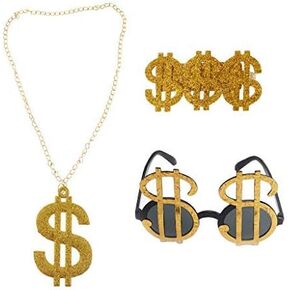 3pcs Golden Dollar Sign Money Pendant Necklace Glasses Ring Men’s Funny Pimp Gangster Rapper Fancy Costume Prop