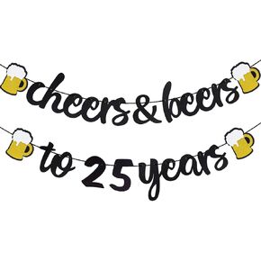 25th Birthday Decorations Cheers and Beers to 25 Years Banner Black Glitter Happy Birthday Wedding Anniversary Party Supplies