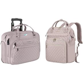 EMPSIGN 17 inch Laptop Backpack Purse with USB port & 15.6 inch Rolling Laptop Bag with RFID Pockets, Quilted Grey Pink