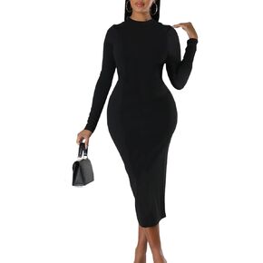 JerXox Women's Sexy Bodycon Midi Dress Long Sleeve Zipper Stretchy Printed Party Dresses
