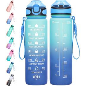 Water Bottle 32oz with Straw, Motivational Water Bottle with Time Marker & Buckle Strap,Leak-Proof Tritan BPA-Free, Ensure You Drink Enough Water for Fitness, Gym, Camping, Outdoor Sports