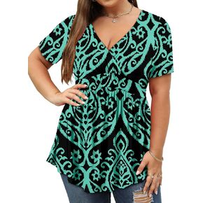ROSELINLIN Plus Size Womens Tunic Top Short Sleeve V Neck Floral Summer Top