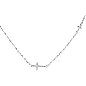 Hammered Sideways Cross Choker Pendant Necklace for Women Girls 925 Sterling Silver White Gold Plated Dainty Simple Charm Link Chain Adjustable Fashion Jewelry Gift Box 18 inches in Kuwait