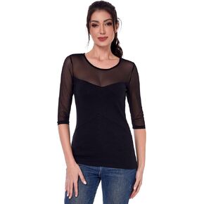 AmélieBoutik المرأة Crewneck بقماش شفاف عادية مثير سليم جاهزة 3/4 كم بلوزة أنيقة بلايز