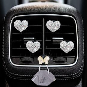 4 Pcs Silver Bling Heart Air Vent Clips, Heart Car Air Fresheners Vents Clips Car Diffuser Diamond Car Interior Decor Charm Cute Car Accessories Car Decoration for Women + Cute Butterfly Mask Hook