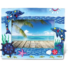 Puzzled Resin Blue Dolphin Mosaic Beach 6x4 Frame - Blue Sculptural Mosaic Photo Frame for Summer Vacation Memory, Handmade Tropical Dolphin Nautical Picture Frame for Tabletop or Wall Hang - 8 Inche