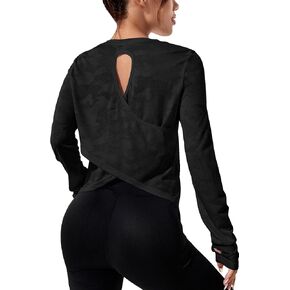 تي شيرت SweatyRocks نسائي طويل الأكمام للتمرينات الرياضية وملابس رياضية متقاطعة من الخلف لليوجا الرياضية