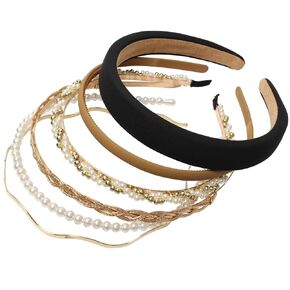 6PCS Different Designs Headbands for Women Gold Metal Hairband,Cute Pearl Headbands for Girls,Twisted Head Band,Black Solid Headbands Set…