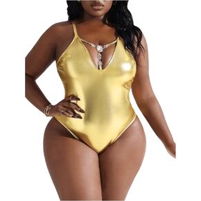 MakeMeChic Women's Plus Size Metallic One Piece Swimsuit Cut Out Criss Cross Rhinestone Bathing Suit in Saudi Arabia