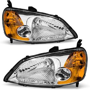 مجموعة المصابيح الأمامية هوندا سيفيك 2001-2003 متوافقة مع 2001 2002 2003 سيفيك 2/4DR كروم مبيت كهرمان عاكس بديل للسائق وجانب الركاب in Kuwait