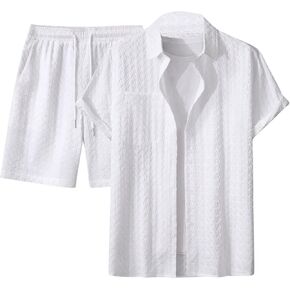 GORGLITTER Men's 2 Piece Set Textured Short Sleeve Button Down Hawaiian Shirts and Shorts Summer Beach Outfits