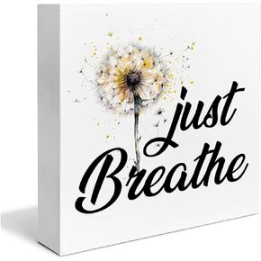 Inspirational Quote Desk Wooden Sign Decor Just Breathe Square Wood Sign Desk Decoration Positive Dandelion Quotes Wood Block Box Sign for Shelf Home 5 x 5 Inches