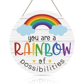 You Are A Rainbow Of Possibilities Wood Sign Plaque (12"x 12"), Inspiring Pride Door Hanging Sign Decor, Colorful Rainbow Cloud Wall Art Sign for Nursery Classroom Playing Room Front Porch