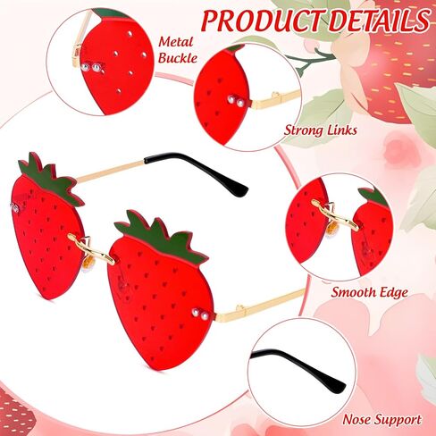 نظارات شمسية على شكل فراولة، نظارات شمسية بدون إطار على شكل فراولة حمراء، نظارات شمسية للحفلات الراقصة، نظارات تنكرية للنساء في عطلة الصيف وأعياد الميلاد، مجموعة من 2 in Saudi Arabia