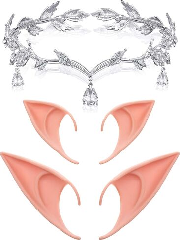 Maitys Rhinestone Halloween Leaf Wedding Tiara and 2 Pairs Fairy Pixie Elf Ears Soft Elf Ears Cosplay Accessories(Silver) in Saudi Arabia