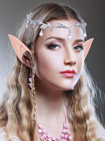 Maitys Rhinestone Halloween Leaf Wedding Tiara and 2 Pairs Fairy Pixie Elf Ears Soft Elf Ears Cosplay Accessories(Silver) in Saudi Arabia