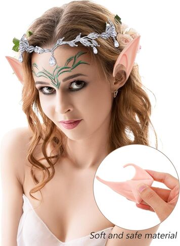 Maitys Rhinestone Halloween Leaf Wedding Tiara and 2 Pairs Fairy Pixie Elf Ears Soft Elf Ears Cosplay Accessories(Silver) in Saudi Arabia