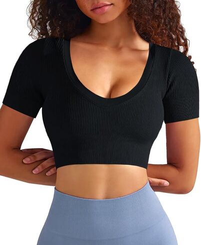 TZLDN Womens Short Sleeve V Neck Crop Tops Workout Fitted Gym Shirts Compression Athletic Seamless Ribbed Yoga Sports Top in Saudi Arabia