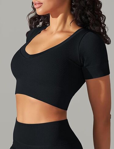 TZLDN Womens Short Sleeve V Neck Crop Tops Workout Fitted Gym Shirts Compression Athletic Seamless Ribbed Yoga Sports Top in Saudi Arabia