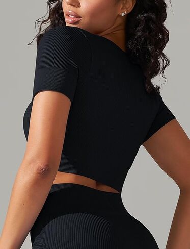TZLDN Womens Short Sleeve V Neck Crop Tops Workout Fitted Gym Shirts Compression Athletic Seamless Ribbed Yoga Sports Top in Saudi Arabia