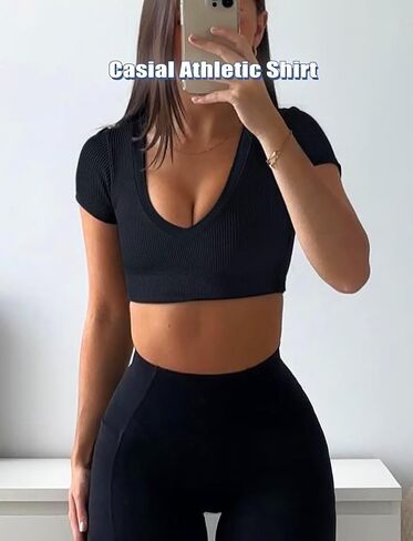 TZLDN Womens Short Sleeve V Neck Crop Tops Workout Fitted Gym Shirts Compression Athletic Seamless Ribbed Yoga Sports Top in Saudi Arabia