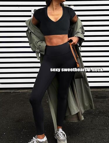 TZLDN Womens Short Sleeve V Neck Crop Tops Workout Fitted Gym Shirts Compression Athletic Seamless Ribbed Yoga Sports Top in Saudi Arabia