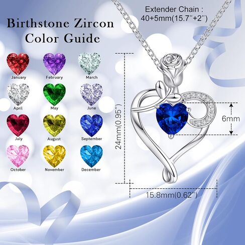 Heart Necklace Birthstone Necklaces for Women 925 Sterling Silver Jewelry Pendant Necklace Rose flower Mother Daughter Necklace for Mom Women Grandma Her Girlfriend in Saudi Arabia