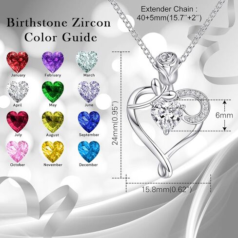 Heart Necklace Birthstone Necklaces for Women 925 Sterling Silver Jewelry Pendant Necklace Rose flower Mother Daughter Necklace for Mom Women Grandma Her Girlfriend in Saudi Arabia