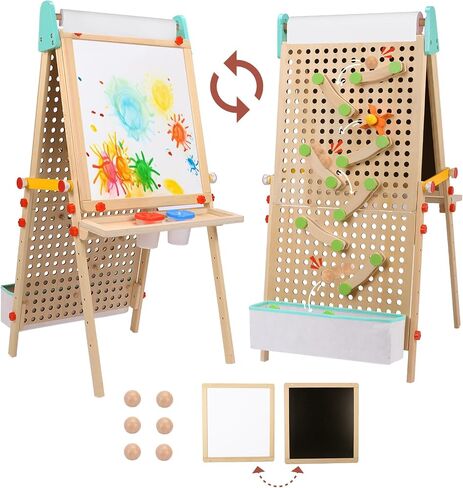 Kids Easel Wooden Marble Run for Kids, 4-in-1 Toddler Art Easel for Kids 3+ Painting Station Stand Drawing, Double-sided 6 Heights Black Chalkboard Magnetic Whiteboard Paper Roll Holder in Saudi Arabia