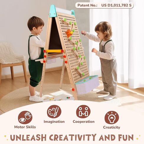 Kids Easel Wooden Marble Run for Kids, 4-in-1 Toddler Art Easel for Kids 3+ Painting Station Stand Drawing, Double-sided 6 Heights Black Chalkboard Magnetic Whiteboard Paper Roll Holder in Saudi Arabia