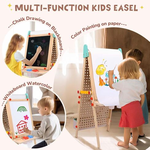 Kids Easel Wooden Marble Run for Kids, 4-in-1 Toddler Art Easel for Kids 3+ Painting Station Stand Drawing, Double-sided 6 Heights Black Chalkboard Magnetic Whiteboard Paper Roll Holder in Saudi Arabia
