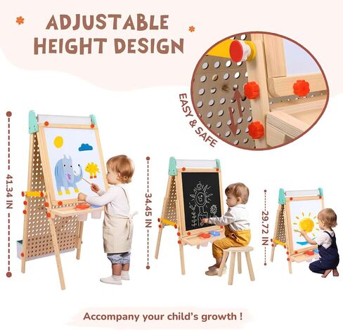 Kids Easel Wooden Marble Run for Kids, 4-in-1 Toddler Art Easel for Kids 3+ Painting Station Stand Drawing, Double-sided 6 Heights Black Chalkboard Magnetic Whiteboard Paper Roll Holder in Saudi Arabia