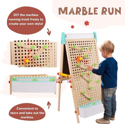 Kids Easel Wooden Marble Run for Kids, 4-in-1 Toddler Art Easel for Kids 3+ Painting Station Stand Drawing, Double-sided 6 Heights Black Chalkboard Magnetic Whiteboard Paper Roll Holder in Saudi Arabia