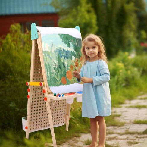 Kids Easel Wooden Marble Run for Kids, 4-in-1 Toddler Art Easel for Kids 3+ Painting Station Stand Drawing, Double-sided 6 Heights Black Chalkboard Magnetic Whiteboard Paper Roll Holder in Saudi Arabia