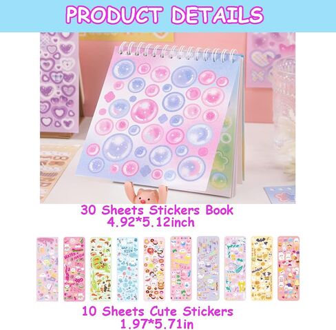 1800pcs Kpop Korean Photocard Stickers Book - Colorful Glitter Self-Adhesive Deco Stickers with Bubble Heart, Butterfly, Cat Cute Korean Deco for Journaling, Arts, Crafts, Scrapbook in Saudi Arabia