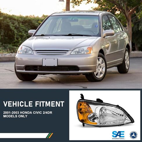 مجموعة المصابيح الأمامية هوندا سيفيك 2001-2003 متوافقة مع 2001 2002 2003 سيفيك 2/4DR كروم مبيت كهرمان عاكس بديل للسائق وجانب الركاب in Kuwait
