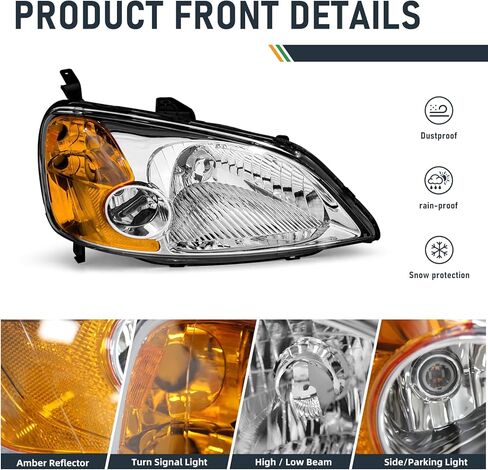 مجموعة المصابيح الأمامية هوندا سيفيك 2001-2003 متوافقة مع 2001 2002 2003 سيفيك 2/4DR كروم مبيت كهرمان عاكس بديل للسائق وجانب الركاب in Kuwait