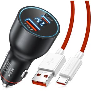Car Charger SuperVOOC 100W for OnePlus 10T 12R 12 11 10 Pro Nord 2T, Warp Charger for OnePlus Open Pad Nord 9 Pro 8 7T 6 6T 5 5T LED Display Dual USB A/C Car Charge Adapter 3.3FT USB A to C Cable