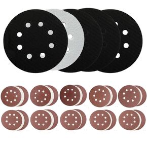 5PCS 5 Inch 8 Holes Foam Sanding Pads for Orbital Sander - Soft Density Interface Hook and Loop Buffer Backed Cushion with 40PCS 5" Sanding Discs 40/60/80/120/220/320/400/600/1000/2000 Grit