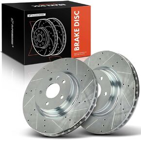 A-Premium 13.58 inch (345mm) Front Drilled and Slotted Disc Brake Rotors Compatible with Select Tesla Models - Model S 2012-2021, Model X 2017-2021, 2-PC Set