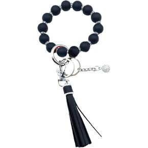 Unpafcxddyig Wristlet Bracelet Keychain Silicone Beads with Leather Tassel Rhinestone Key Rings Silver for Women Girls