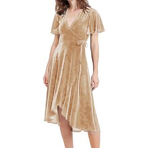 R.Vivimos Womens Velvet Pleated Wrap Tie Waist Elegant Flowy Party Plus Size Midi Dresses