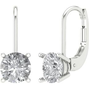 1Ct Brilliant Round Cut - Drop Dangle Earrings - Clear Simulated Diamond - 14K Yellow Gold - Lever Back