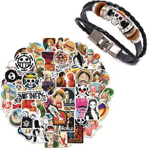 Zaky Anime One P. Bracelet Black Braided Leather Bracelet Skull for Unisex Jewellery Accessories Gift Luffy Stickers 101 pcs